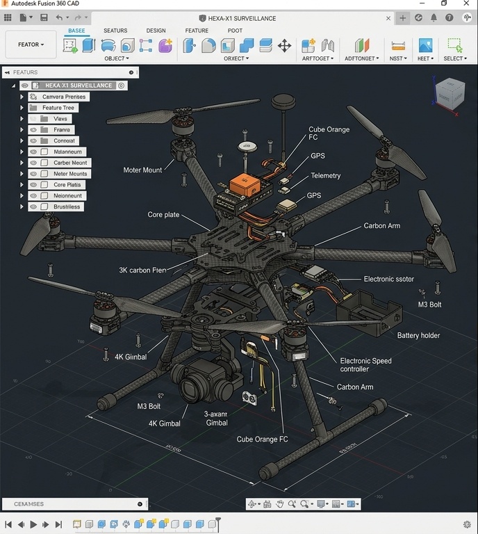 Hexa-X1 Carbon Fiber Surveillance Drone CAD Assembly