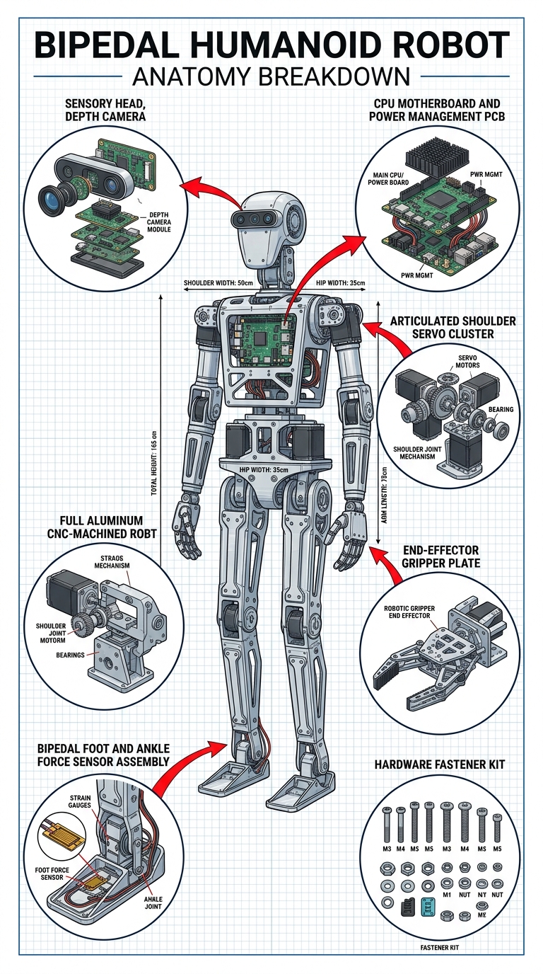 Bipedal Humanoid Robot Anatomy Breakdown with Inset Callouts