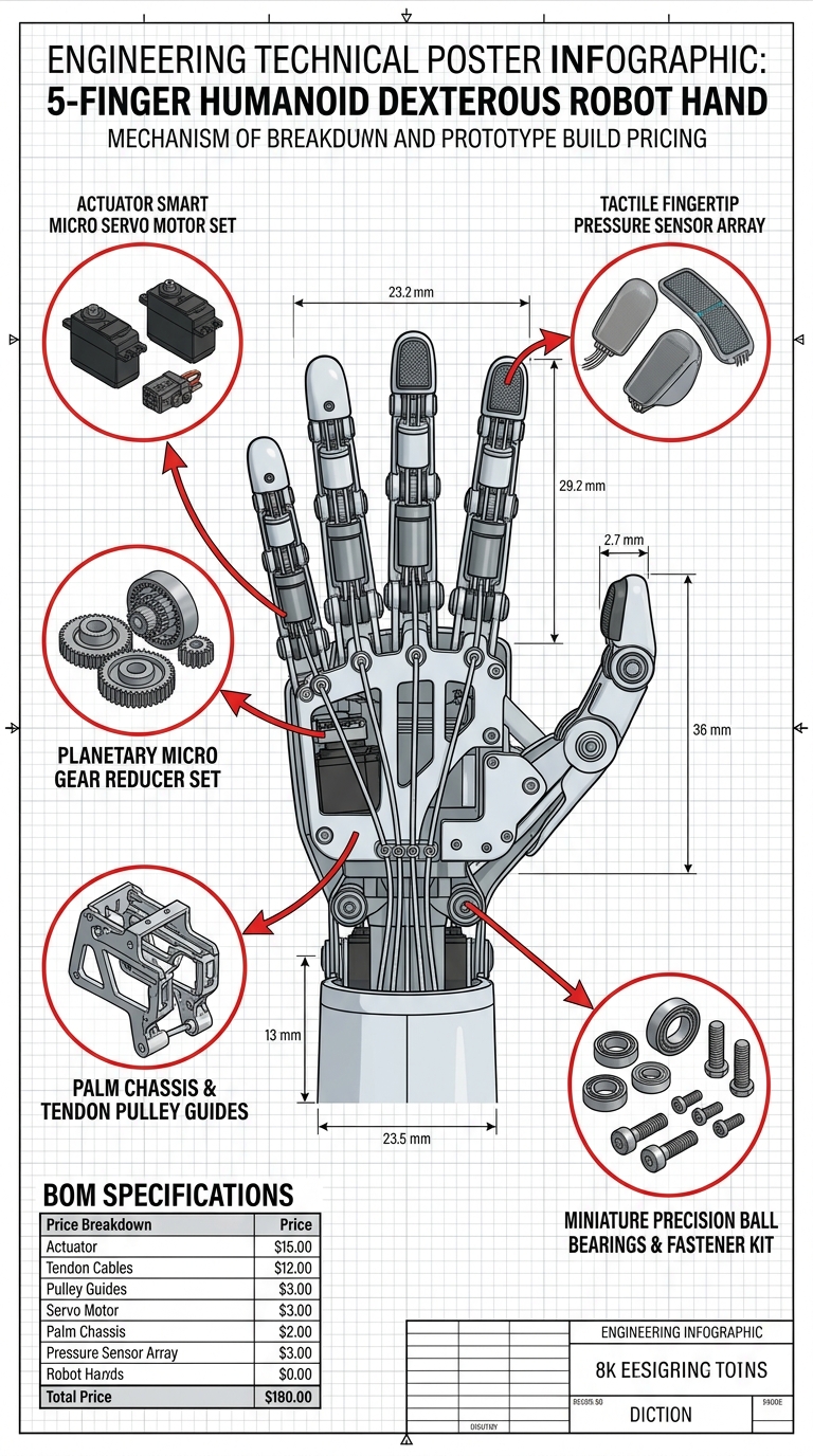 5-Finger Humanoid Dexterous Robot Hand Mechanical Assembly