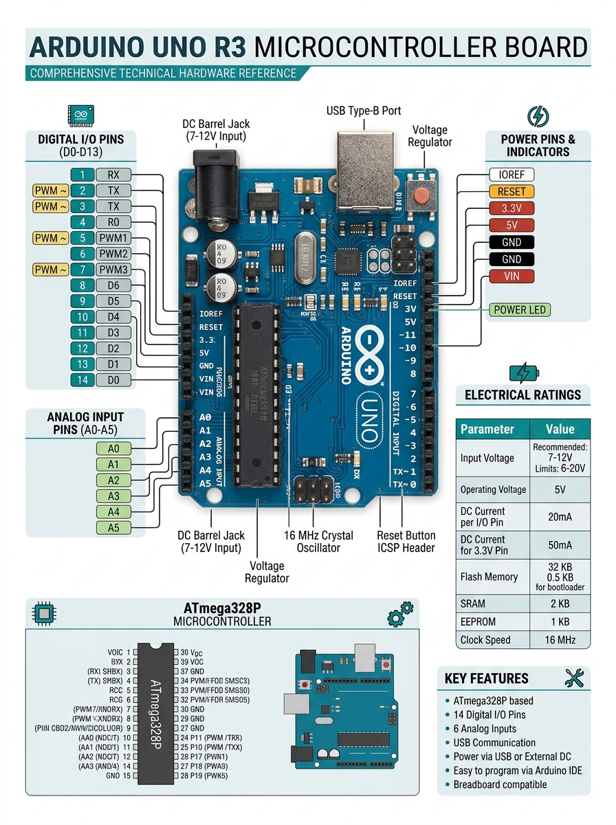 Arduino Uno R3 Microcontroller Board Pinout