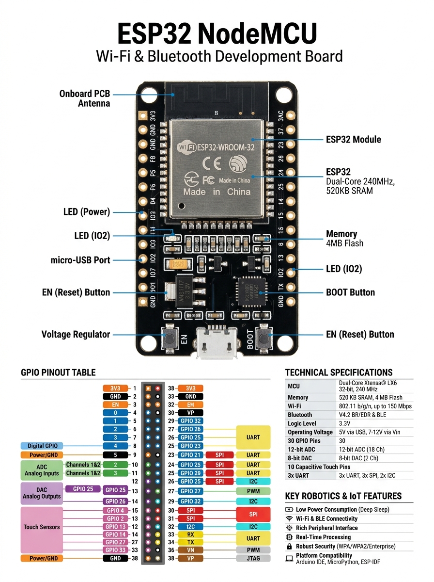 ESP32 NodeMCU Wi-Fi and Bluetooth Development Board Pinout