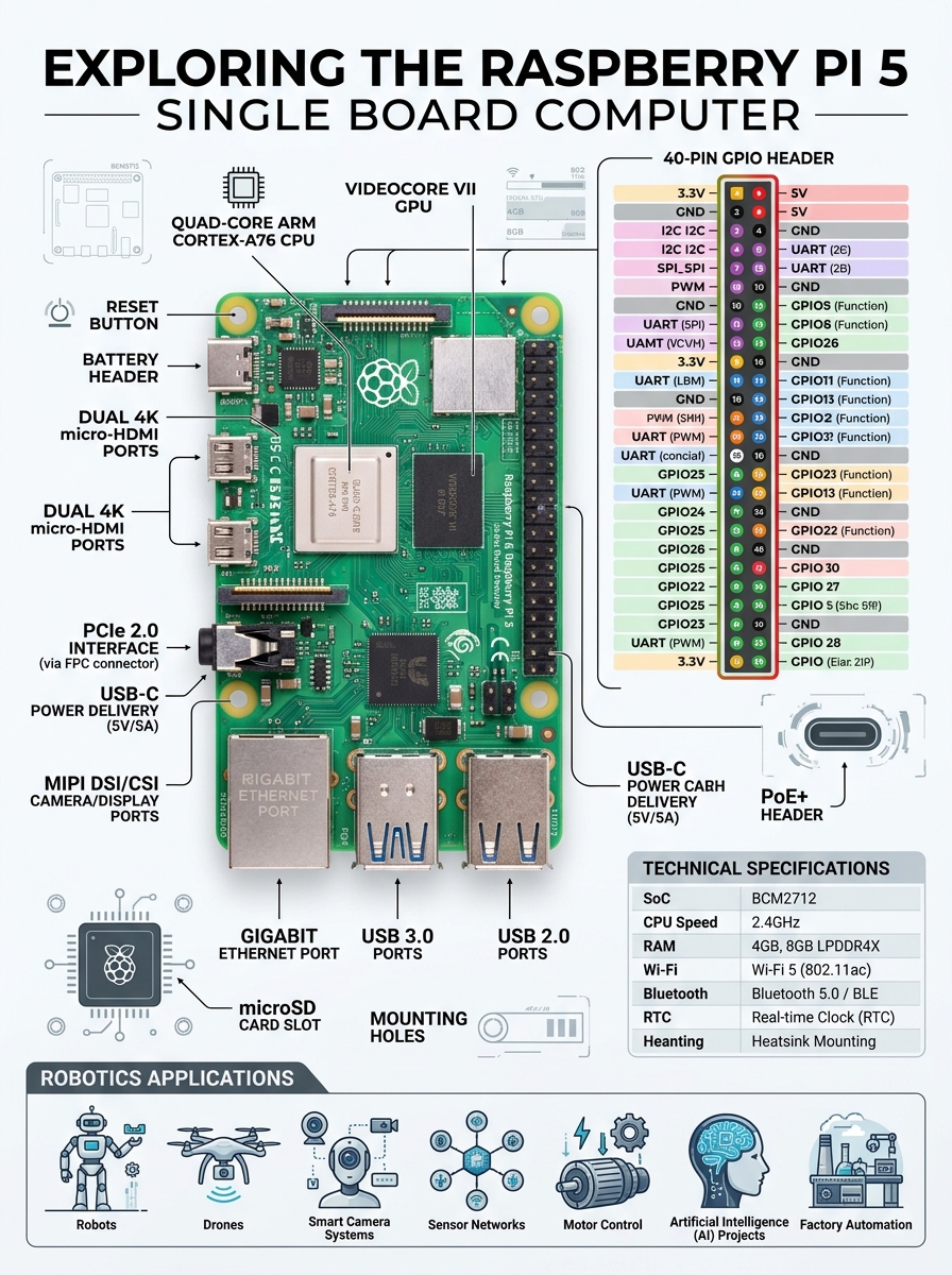 Raspberry Pi 5 Single Board Computer 40-Pin GPIO Infographic